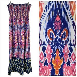 Strapless Maxi Dress Colorful IKAT print Sundress Smocked Babydoll A-line 15/17